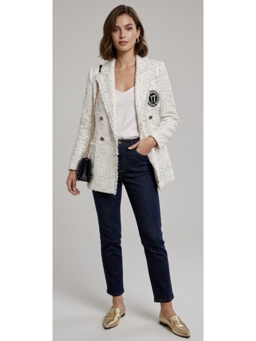 VTG Eraberani White Tweed Frayed Double Breasted Blazer Jacket - Italy
